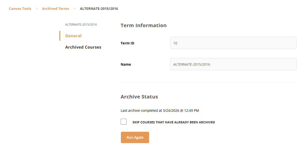 Screenshot of a Canvas term information page